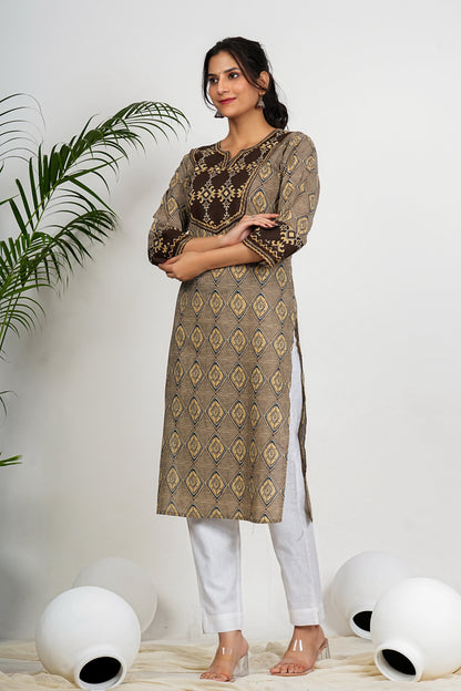 Brown And Beige Checkered Print Straight Cotton Kurta