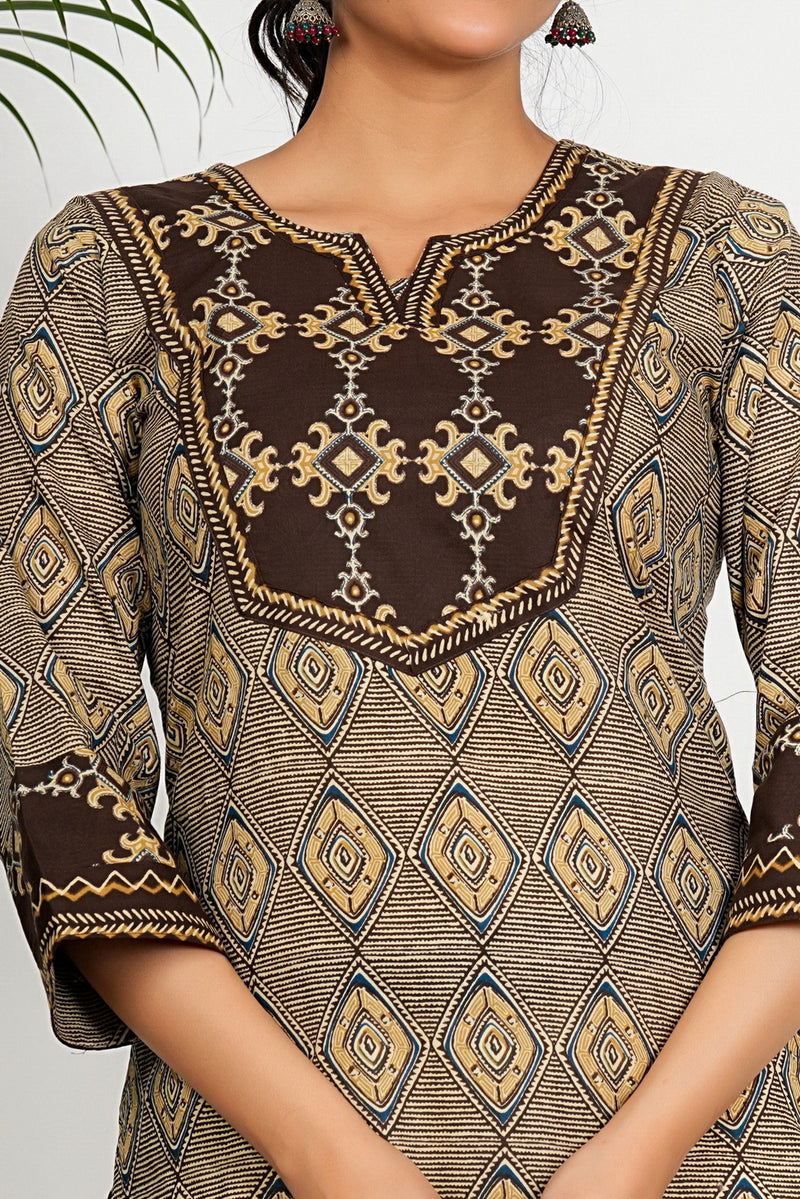 Brown And Beige Checkered Print Straight Cotton Kurta