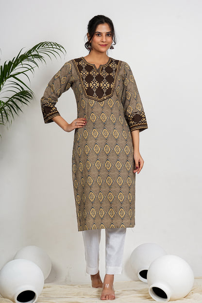 Brown And Beige Checkered Print Straight Cotton Kurta