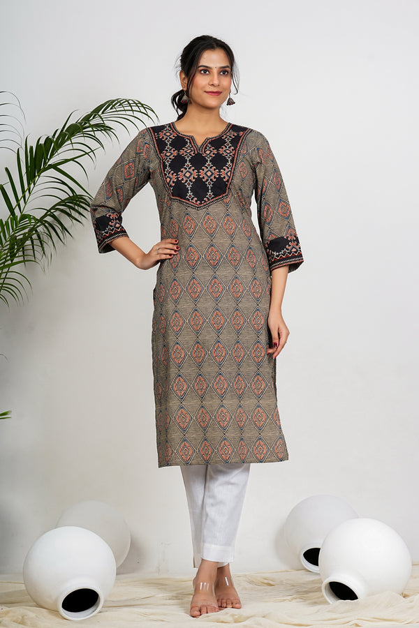 Black And Beige Checkered Print Straight Cotton Kurta