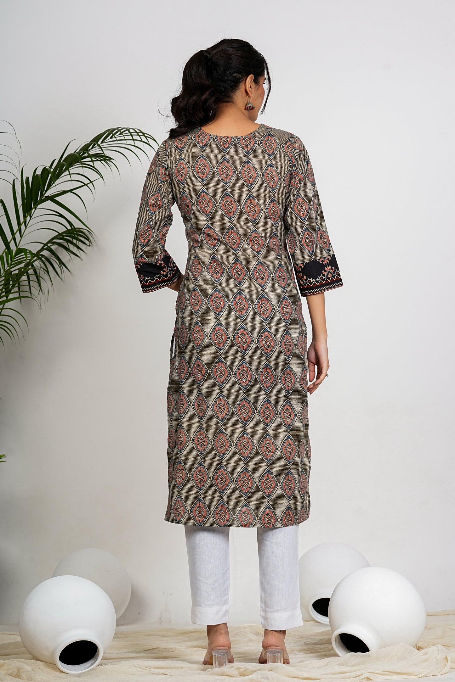 Black And Beige Checkered Print Straight Cotton Kurta