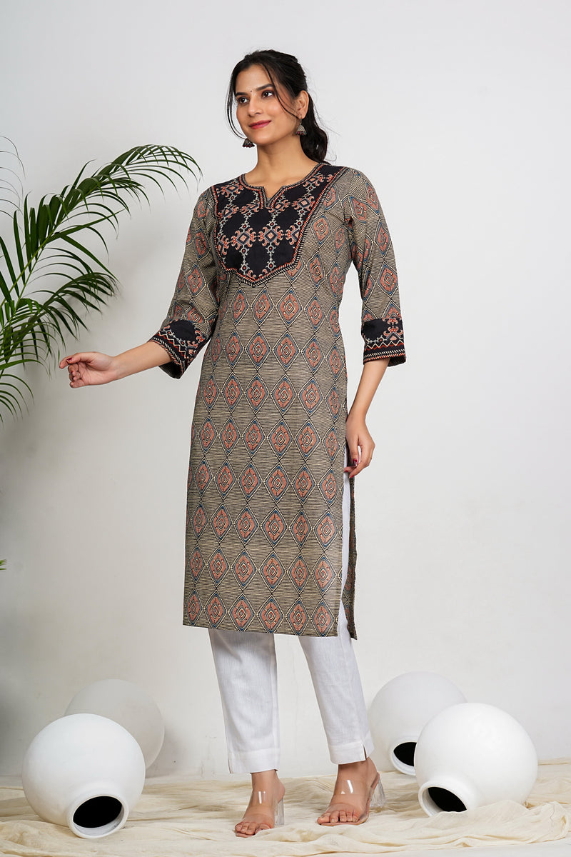 Black And Beige Checkered Print Straight Cotton Kurta