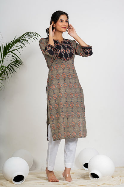 Black And Beige Checkered Print Straight Cotton Kurta