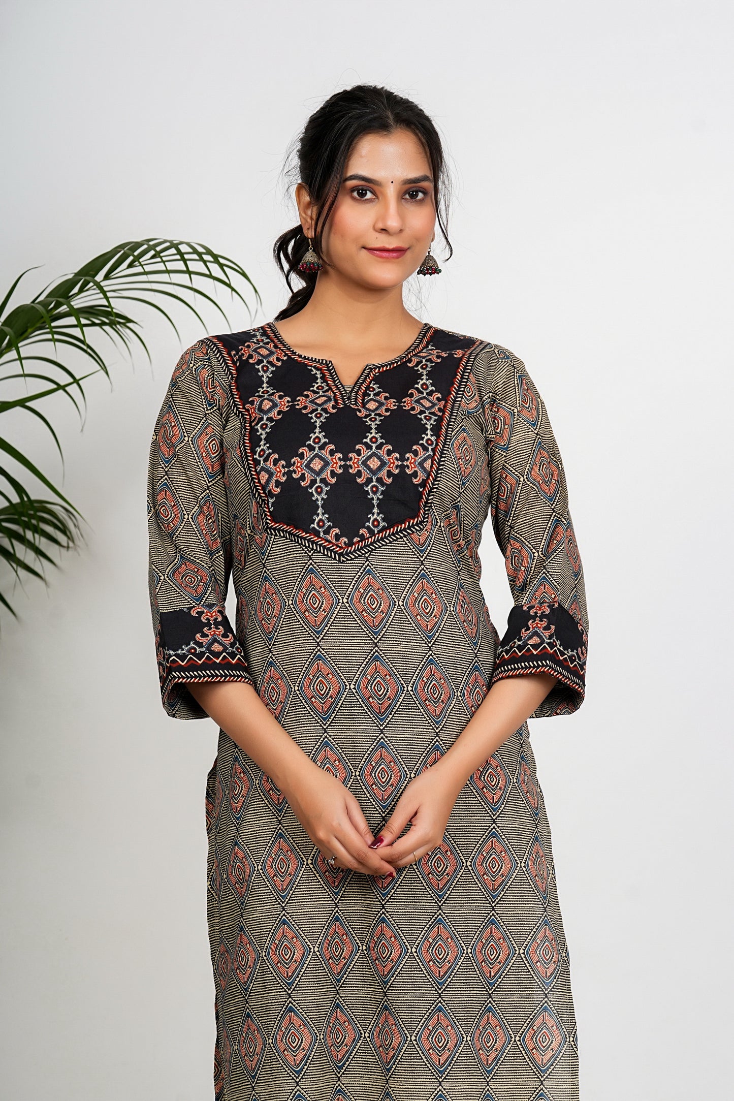 Black And Beige Checkered Print Straight Cotton Kurta