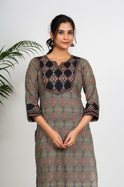 Black And Beige Checkered Print Straight Cotton Kurta