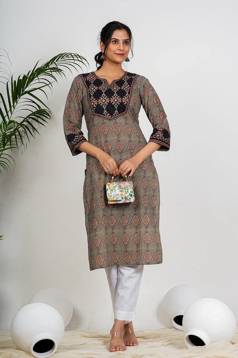 Black And Beige Checkered Print Straight Cotton Kurta