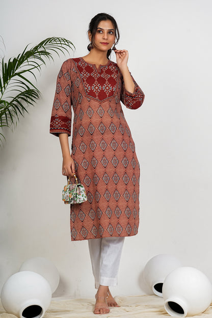 Red And Beige Checkered Print Straight Cotton Kurta