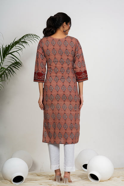 Red And Beige Checkered Print Straight Cotton Kurta