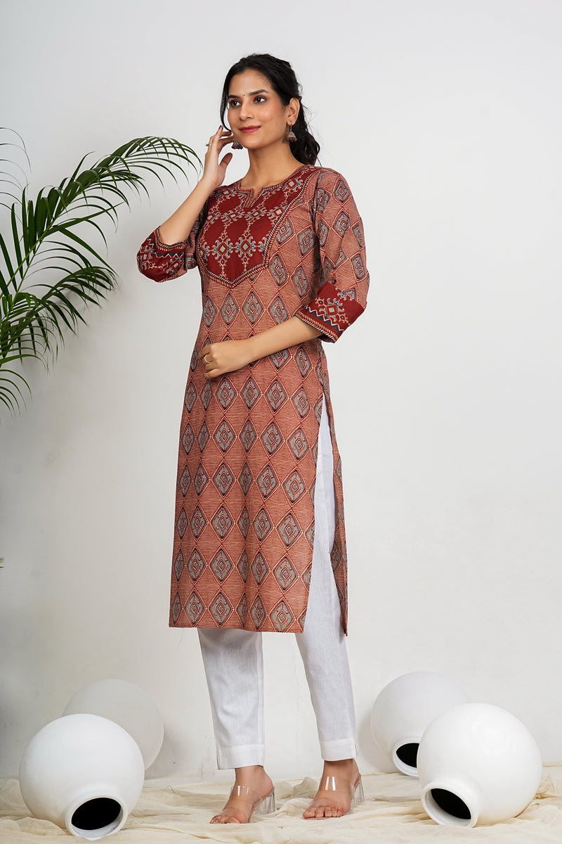 Red And Beige Checkered Print Straight Cotton Kurta