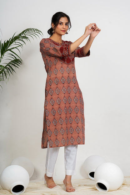 Red And Beige Checkered Print Straight Cotton Kurta