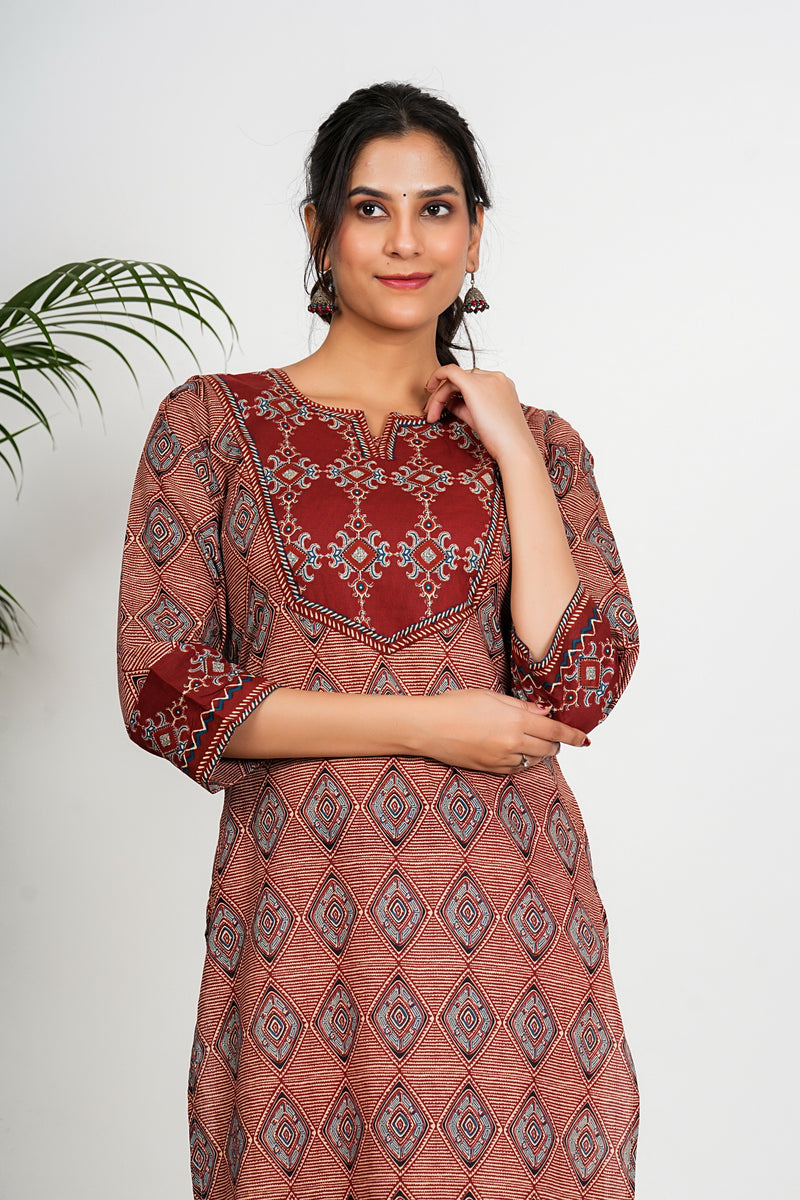 Red And Beige Checkered Print Straight Cotton Kurta