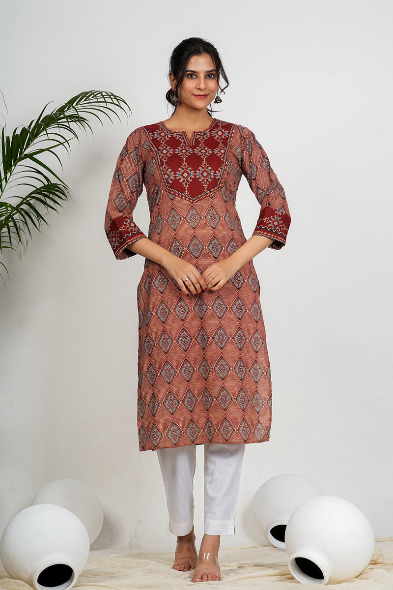 Red And Beige Checkered Print Straight Cotton Kurta