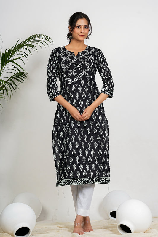 Black Floral Print Straight Cotton Kurta