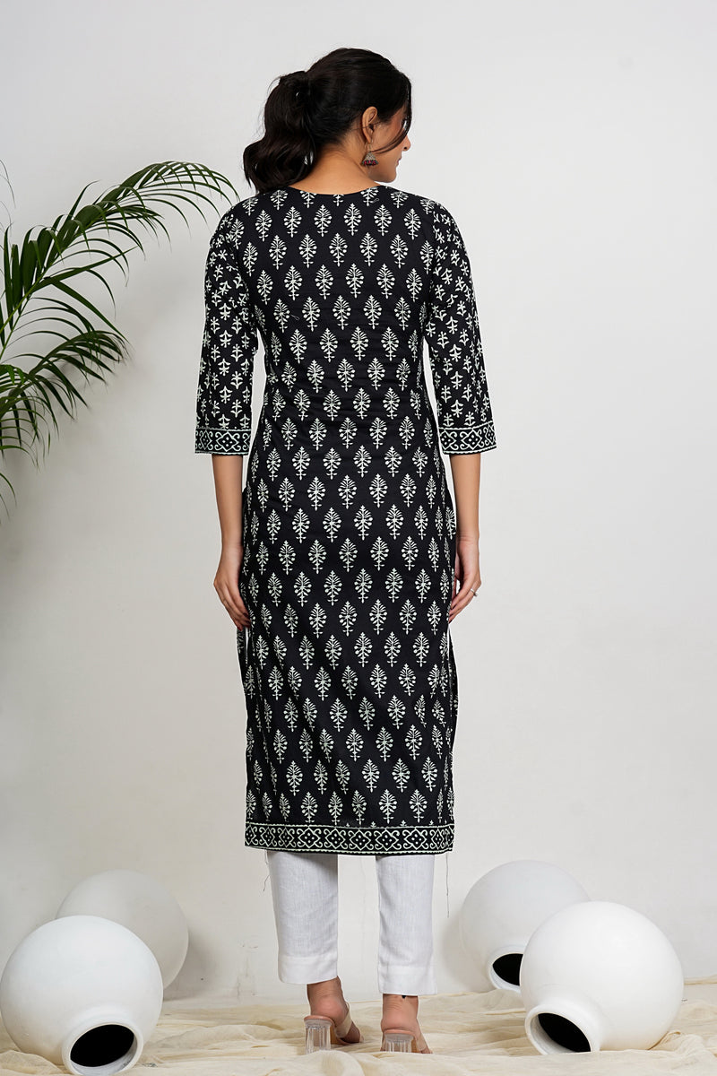 Black Floral Print Straight Cotton Kurta