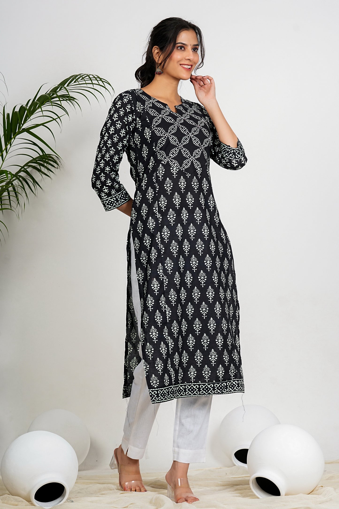 Black Floral Print Straight Cotton Kurta