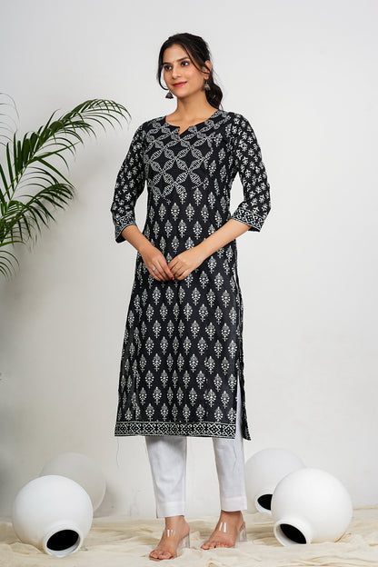 Black Floral Print Straight Cotton Kurta