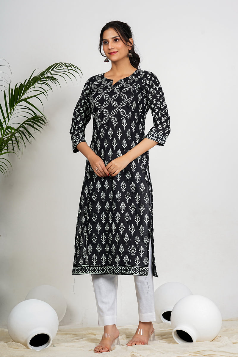 Black Floral Print Straight Cotton Kurta