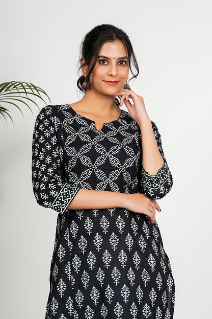 Black Floral Print Straight Cotton Kurta