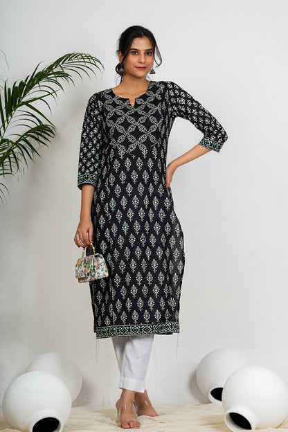 Black Floral Print Straight Cotton Kurta