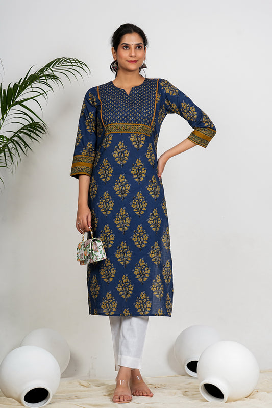 Aqua Blue Floral Print Straight Cotton Kurta