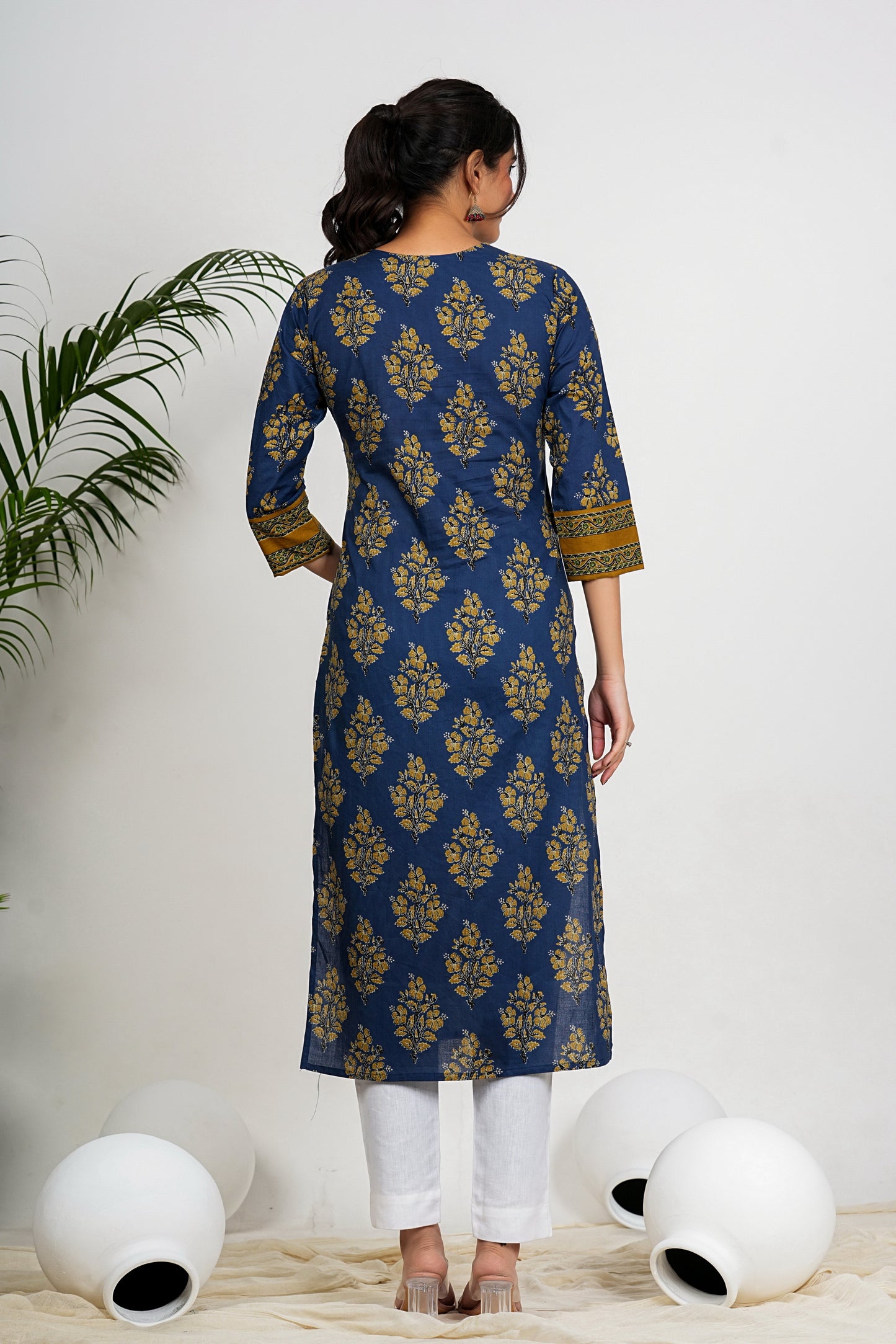 Aqua Blue Floral Print Straight Cotton Kurta