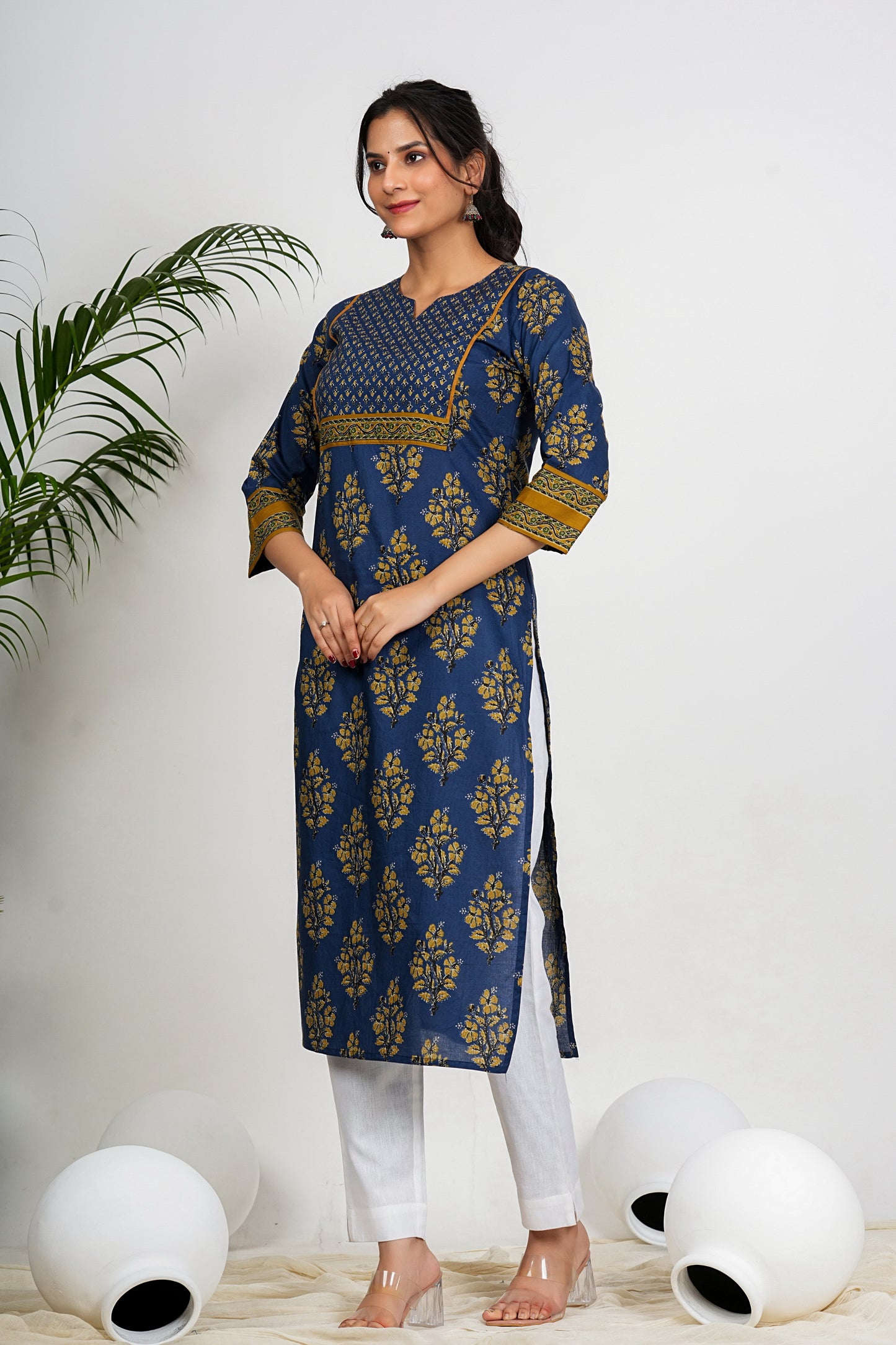 Aqua Blue Floral Print Straight Cotton Kurta