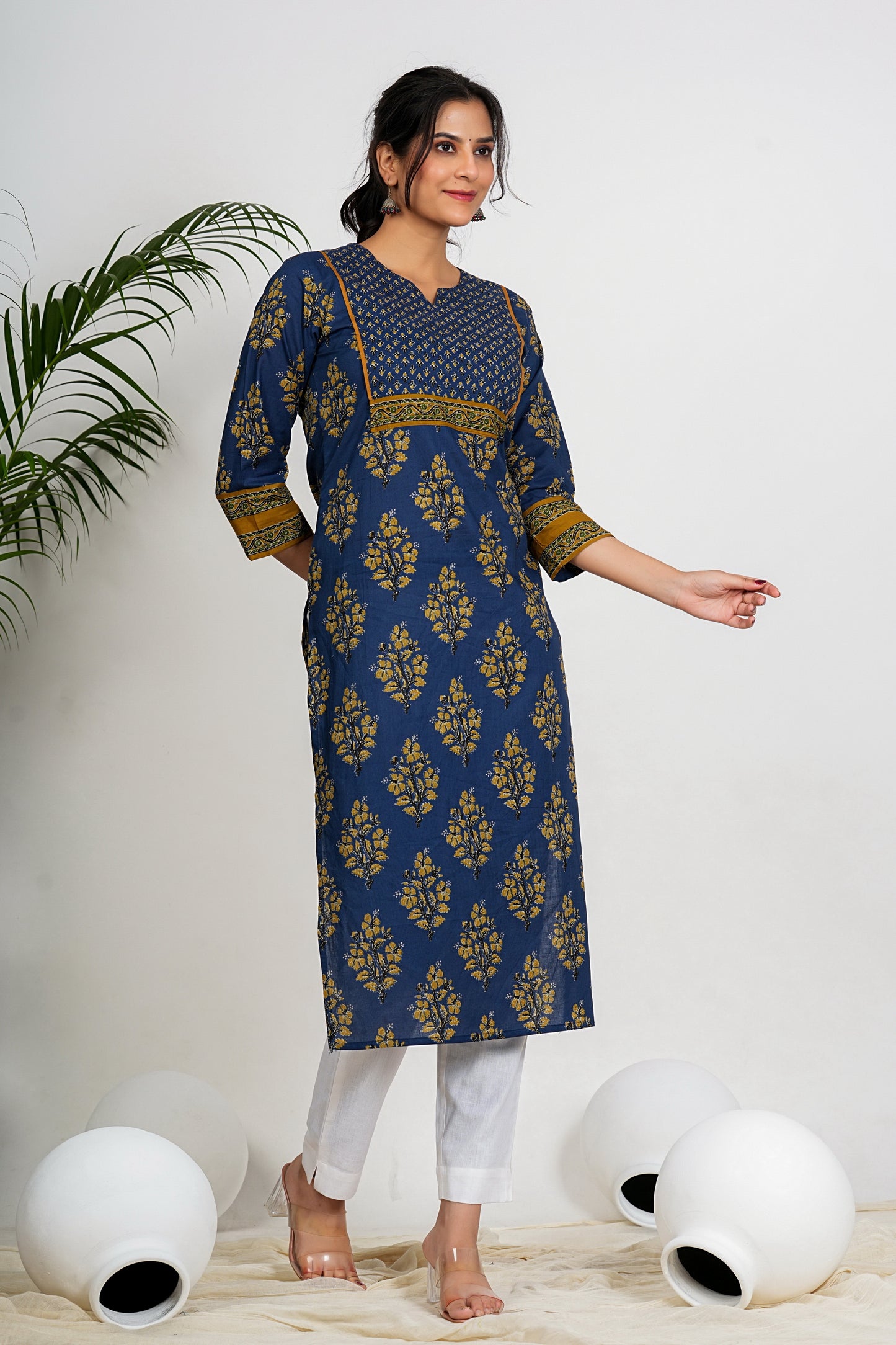 Aqua Blue Floral Print Straight Cotton Kurta