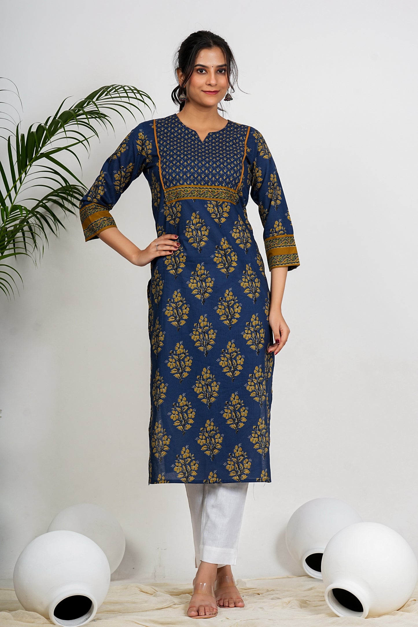 Aqua Blue Floral Print Straight Cotton Kurta