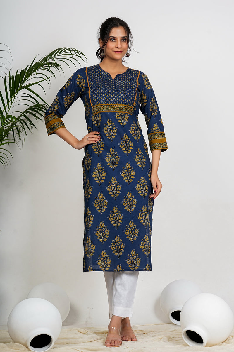 Aqua Blue Floral Print Straight Cotton Kurta