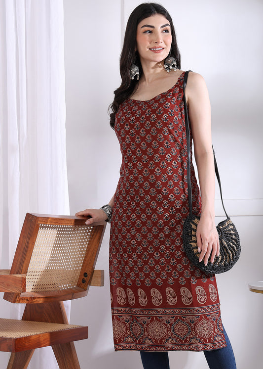 Maroon Floral Print Straight Cotton Stitched Kurta