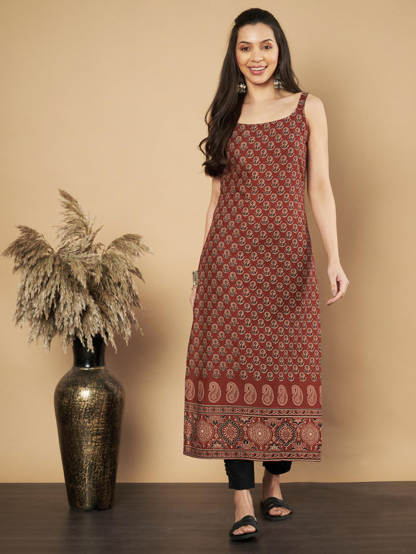 Maroon Floral Print Straight Cotton Kurta