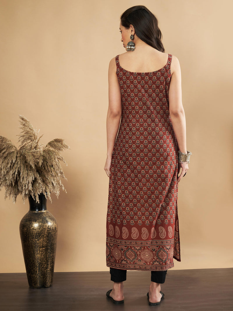 Maroon Floral Print Straight Cotton Kurta