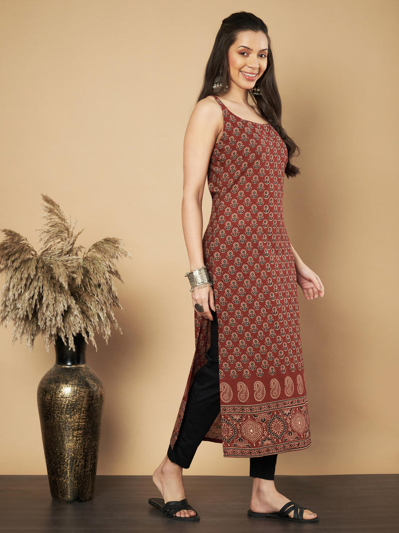 Maroon Floral Print Straight Cotton Kurta