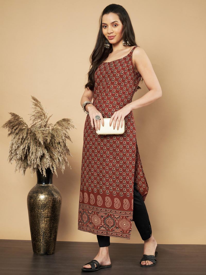 Maroon Floral Print Straight Cotton Kurta