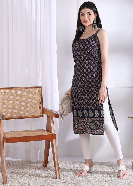 Navy Blue Floral Print Straight Cotton Stitched Kurta