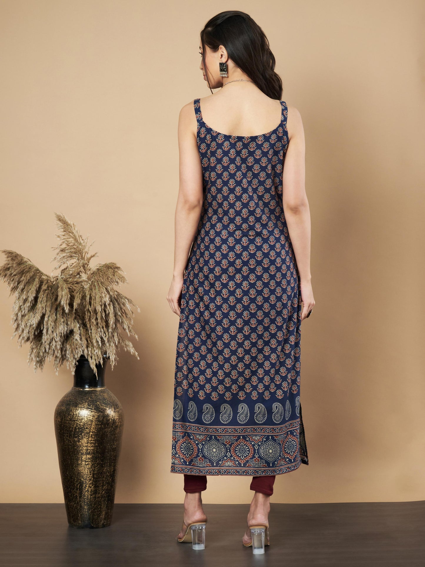 Navy Floral Print Straight Cotton Kurta