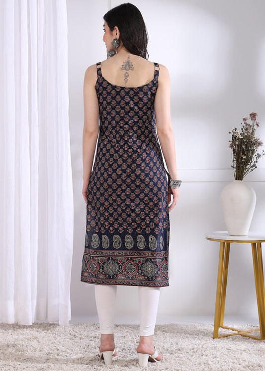 Navy Blue Floral Print Straight Cotton Stitched Kurta