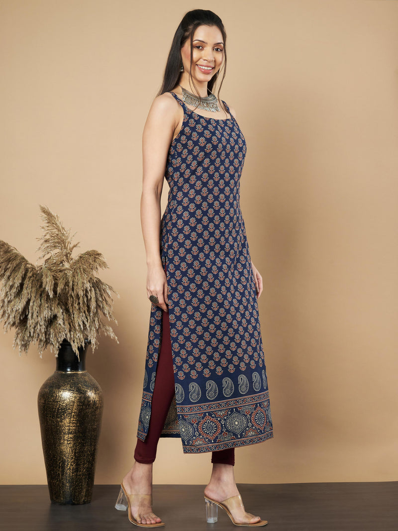 Navy Floral Print Straight Cotton Kurta