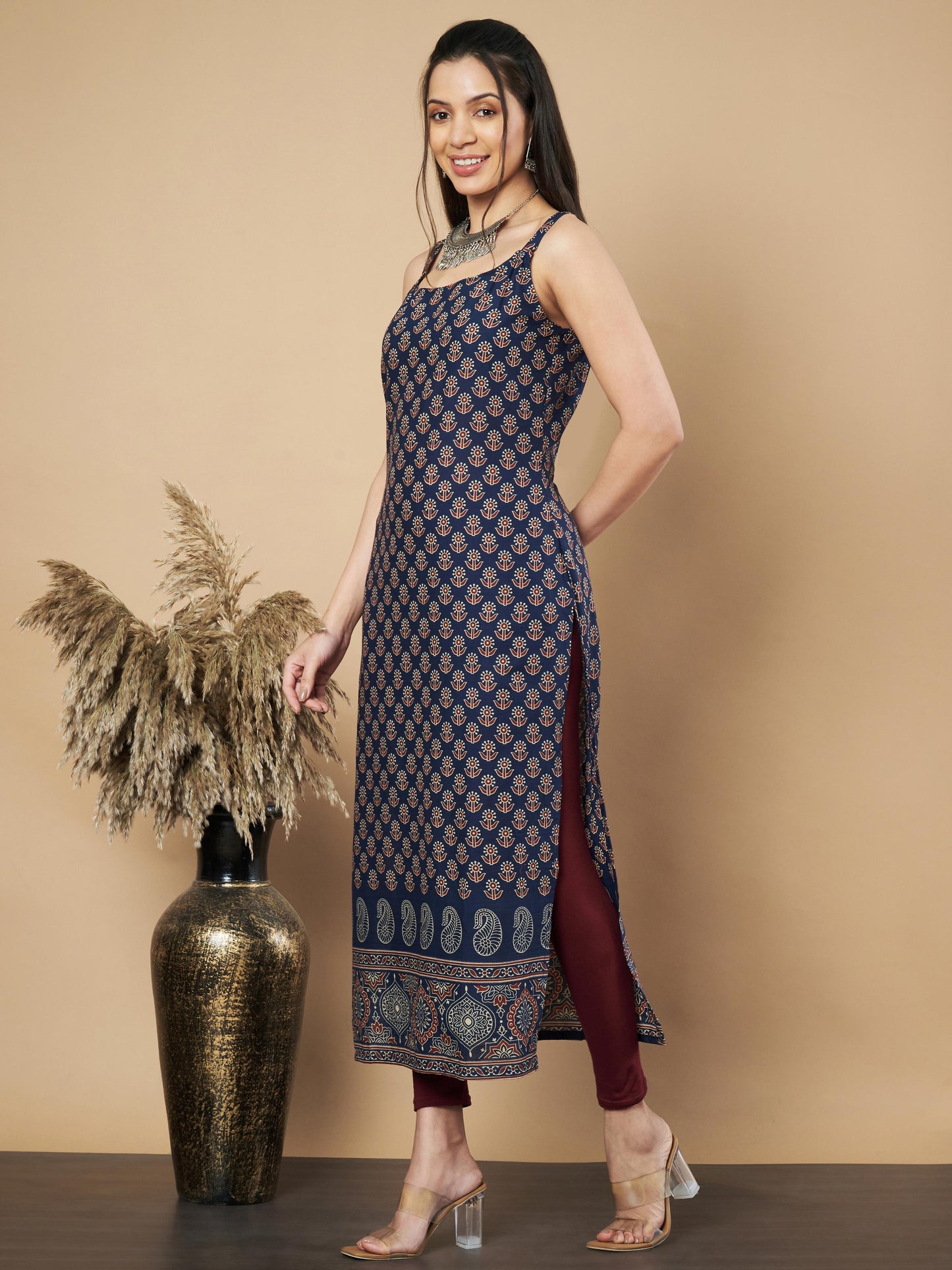 Navy Floral Print Straight Cotton Kurta