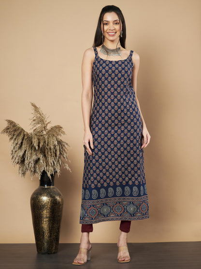 Navy Floral Print Straight Cotton Kurta