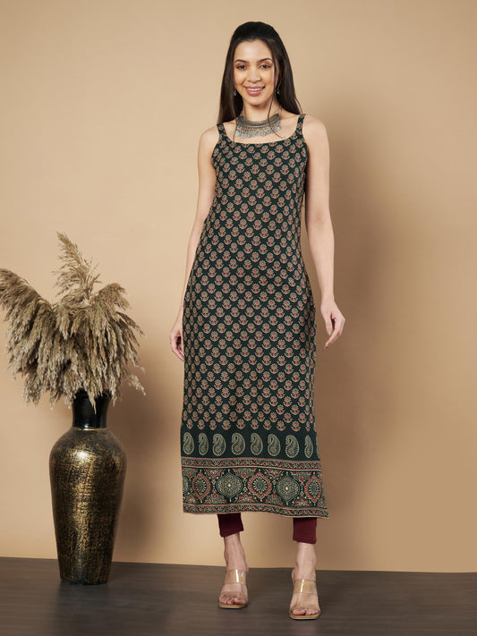 Green Floral Print Straight Cotton Kurta