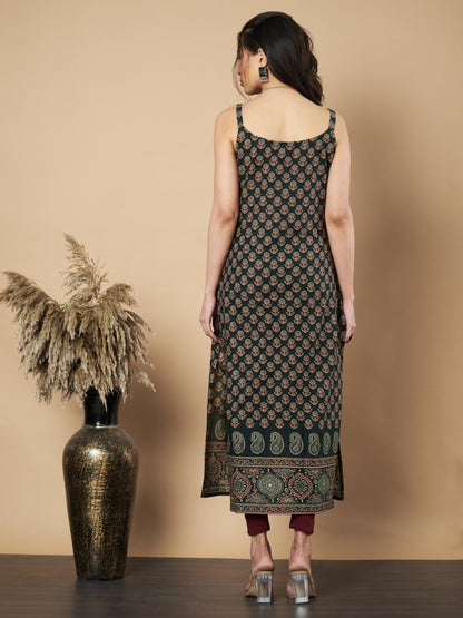 Green Floral Print Straight Cotton Kurta