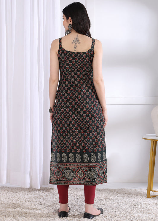 Green Floral Print Straight Cotton Stitched Kurta
