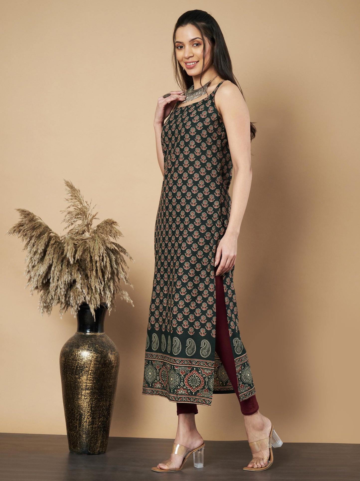 Green Floral Print Straight Cotton Kurta