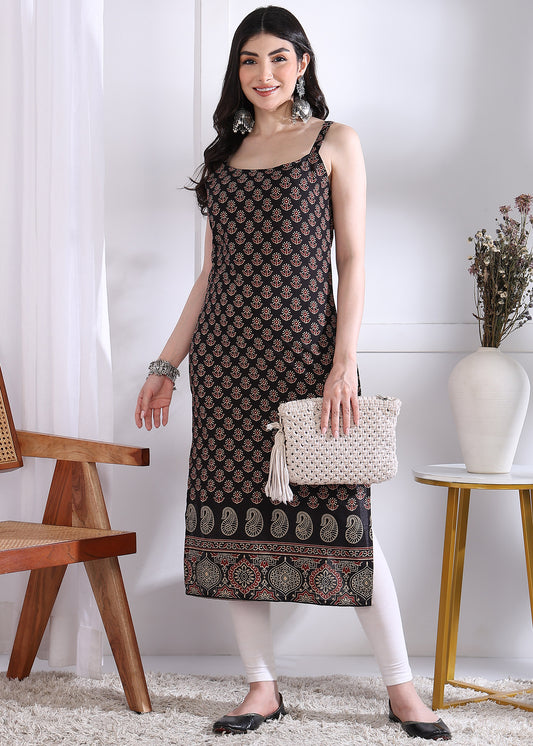 Black Floral Print Straight Cotton Stitched Kurta