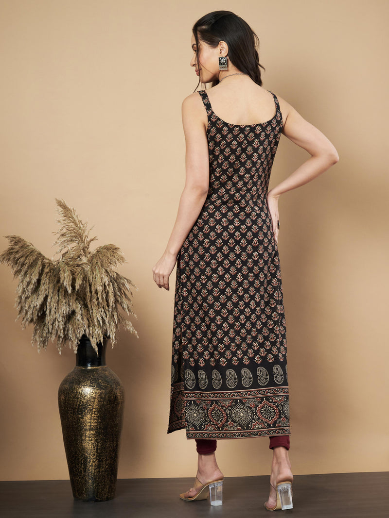 Black Floral Print Straight Cotton Kurta