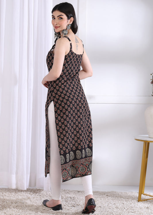 Black Floral Print Straight Cotton Stitched Kurta