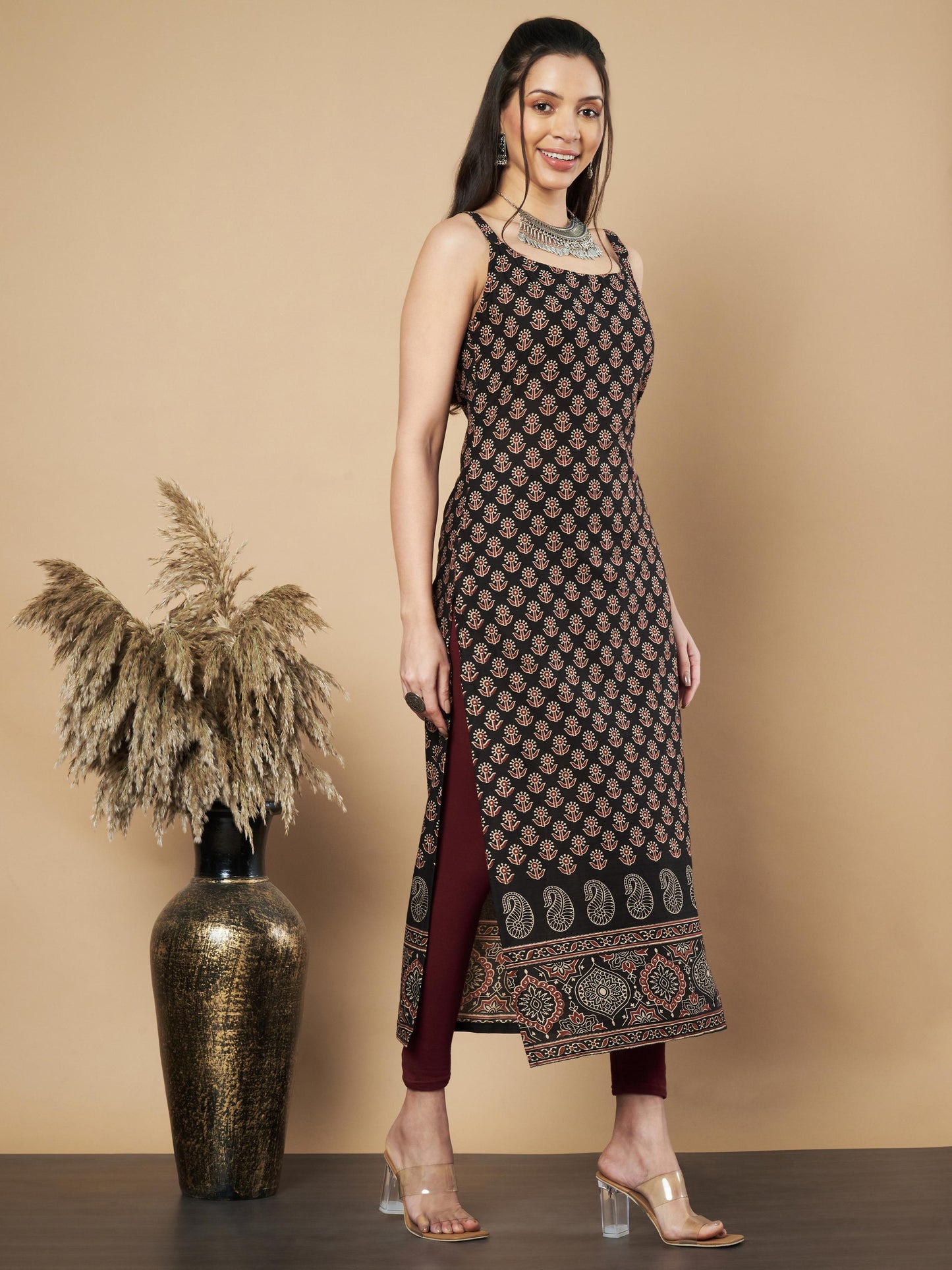 Black Floral Print Straight Cotton Kurta