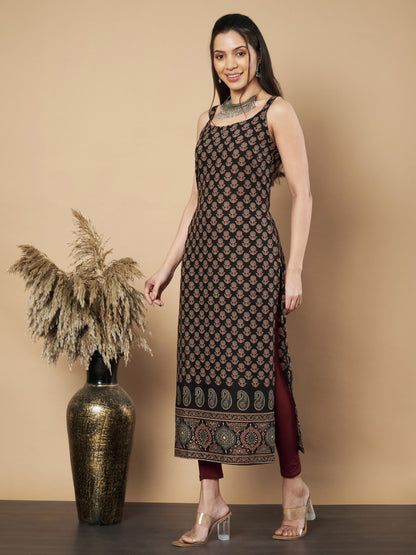 Black Floral Print Straight Cotton Kurta