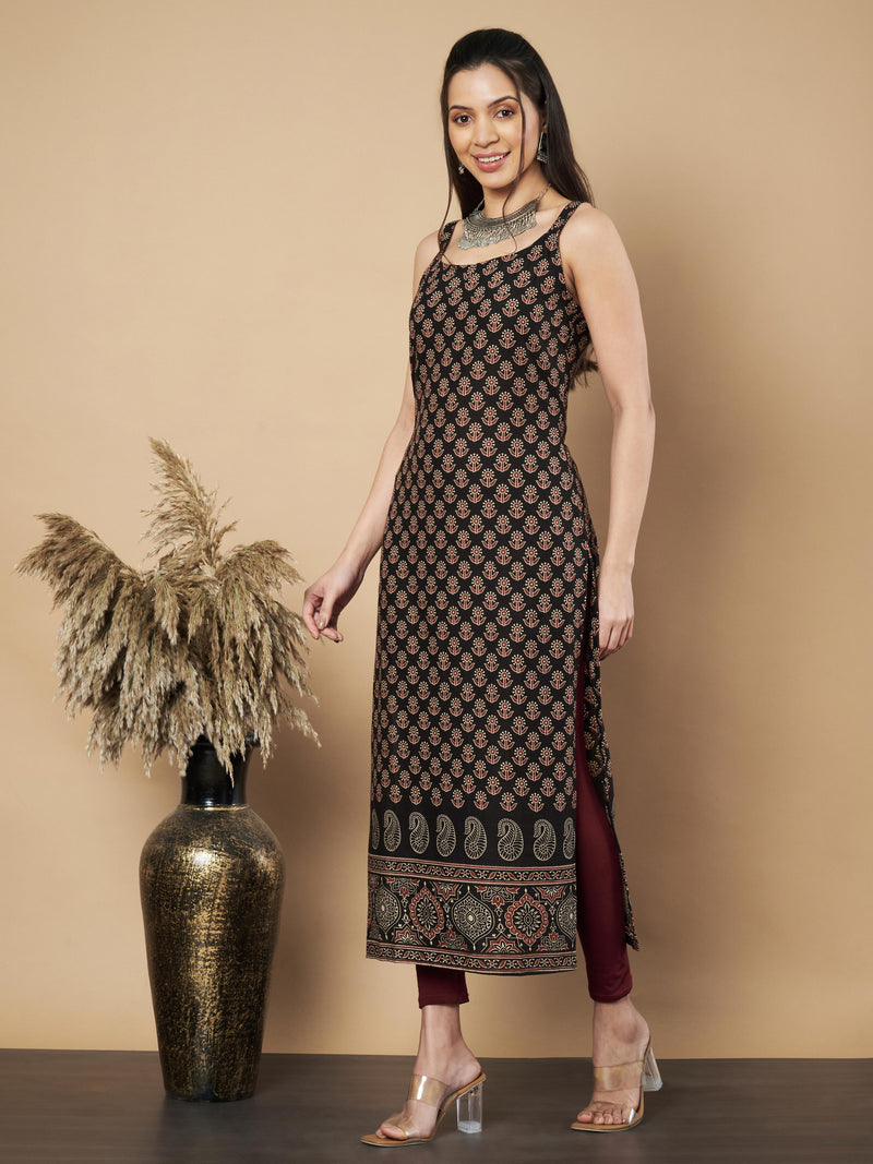 Black Floral Print Straight Cotton Kurta